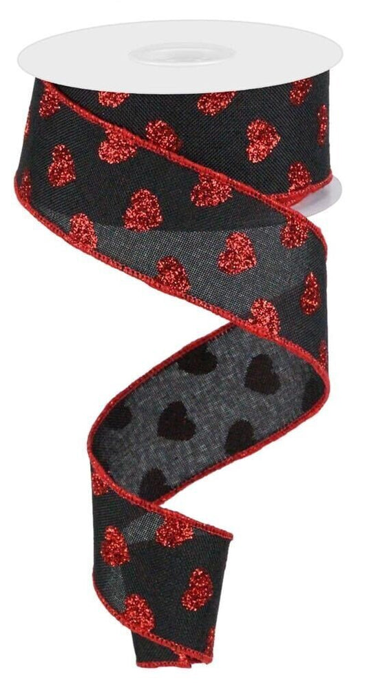 1.5" X 10 Yards Wired Ribbon-Valentines Day Ribbon - Small Glitter Hearts On Royal - Black And Red Ribbon - RGA173702