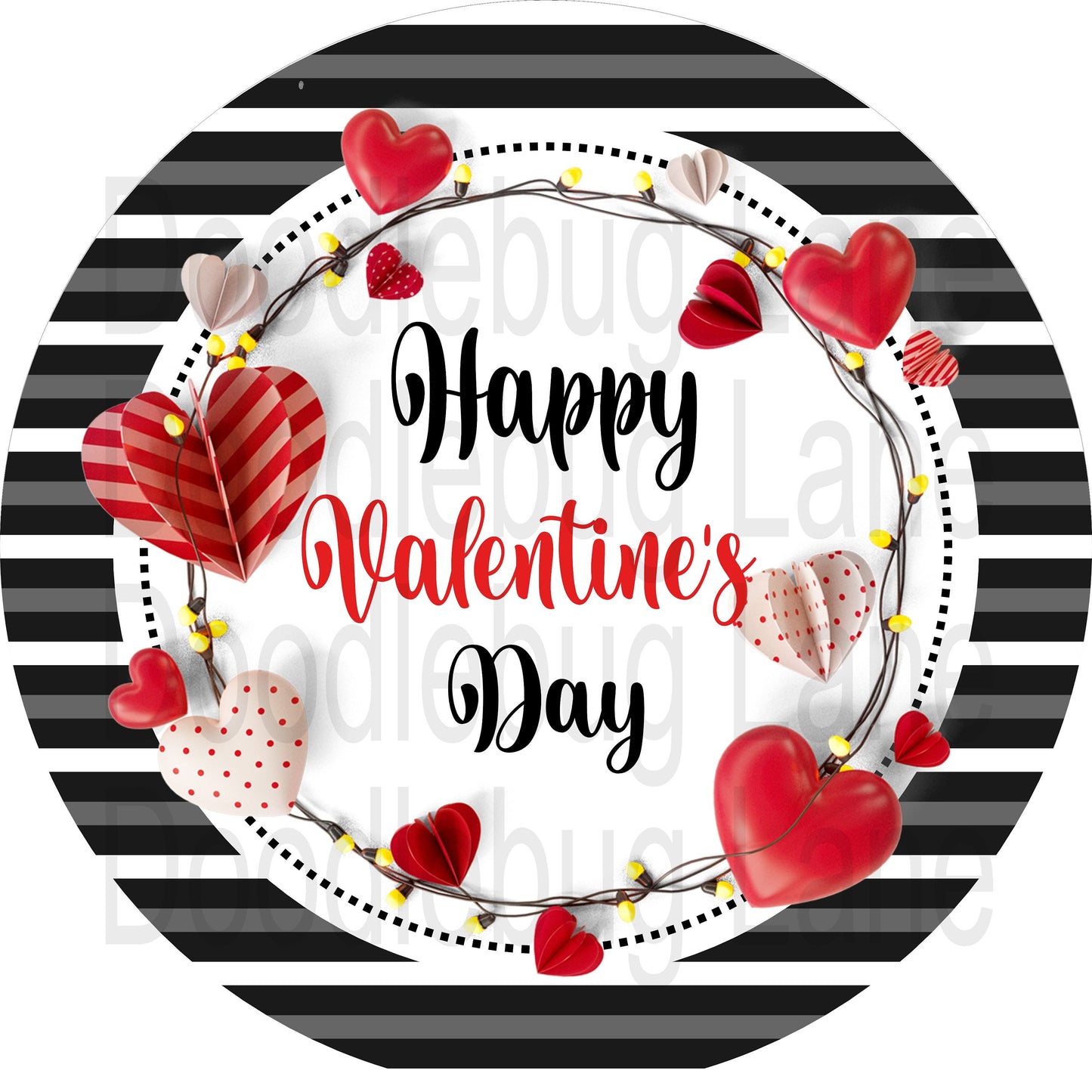 Valentines Day Sign-Happy Valentines Day-Horizontal Stripe-Red Hearts-Round Sign-Metal Wreath Sign