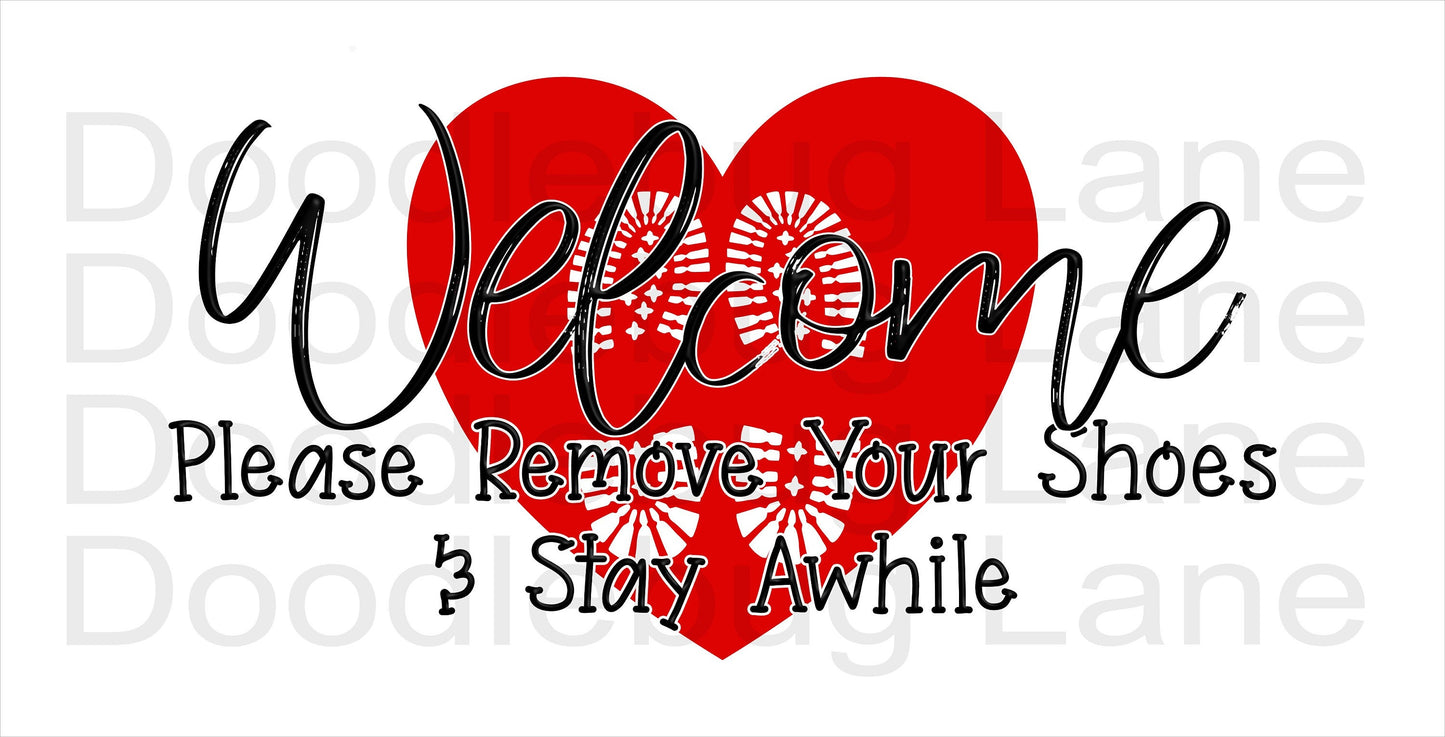 Welcome Wreath Sign-Remove Your Shoes And Stay Awhile-Boot Print-Red Heart-Metal Wreath Sign-Rectangle Sign