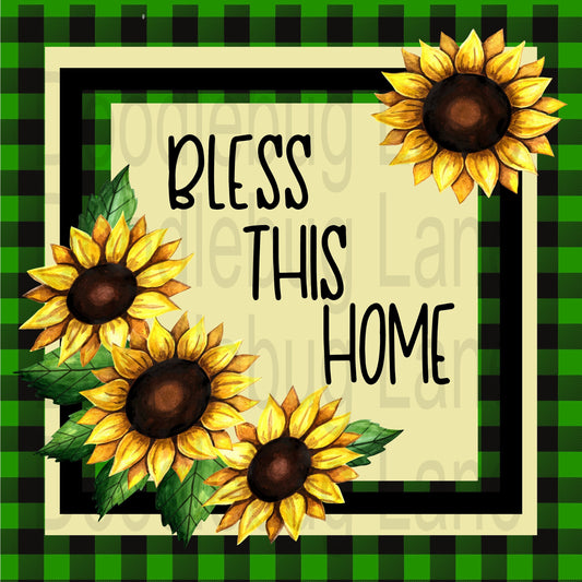 Sunflower Wreath Sign-Inspirational Sign-Green And Black Plaid-Metal Wreath Sign-Square Sign-Bless This Home