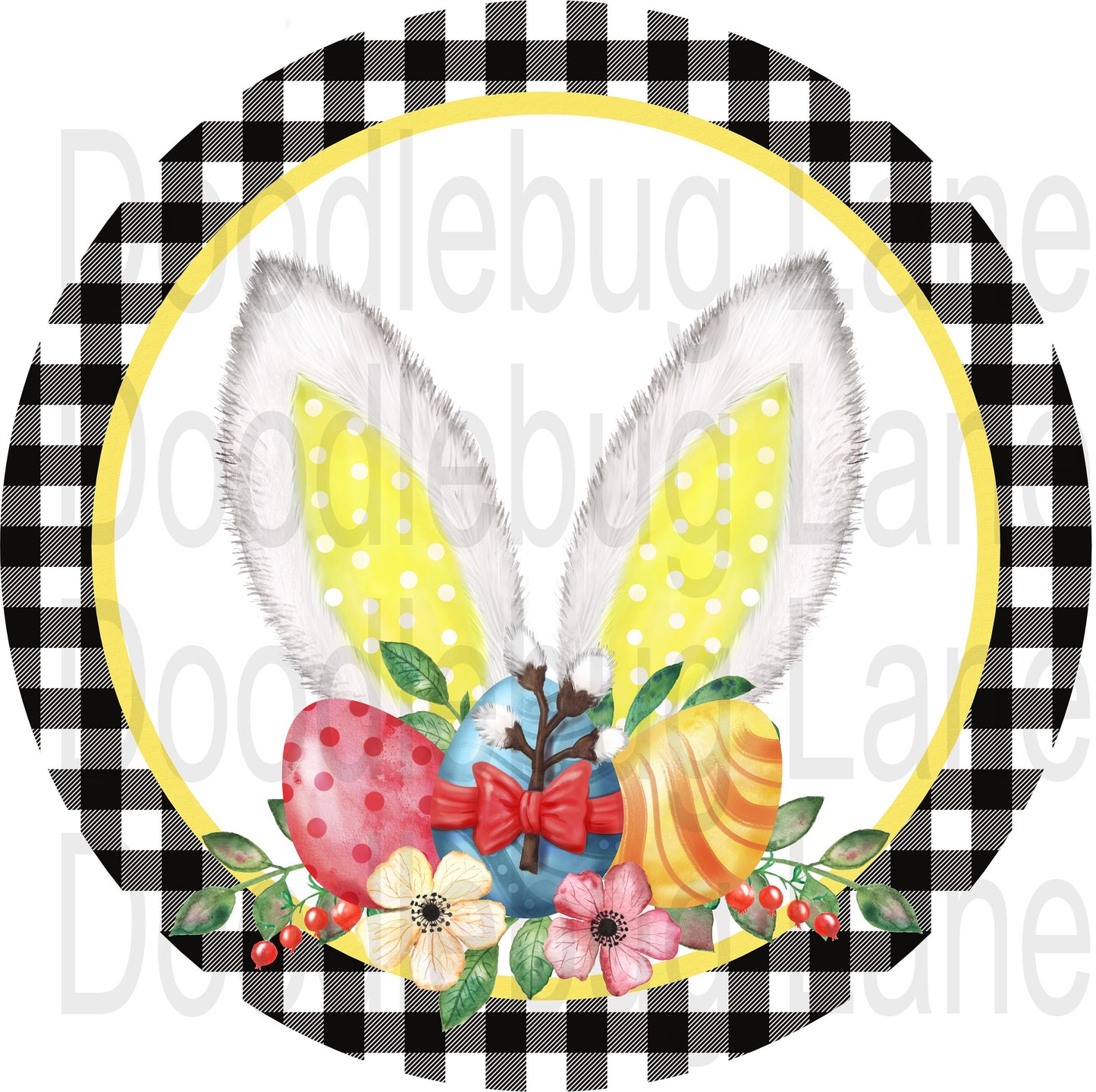 Easter Wreath Sign-Bunny Ears-Easter Eggs-Yellow Polka Dot-Buffalo Plaid-Round Sign-Metal Wreath Sign