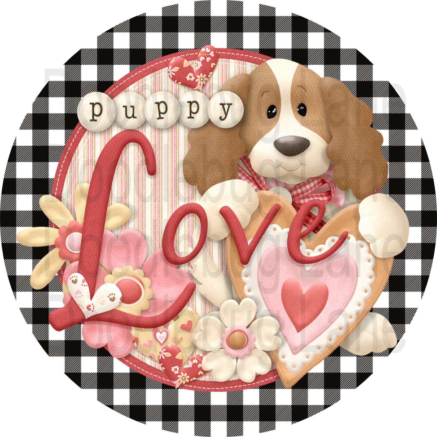 Valentines Day Sign-Puppy Love-Puppy Sign-Buffalo Plaid-Daisies-Hearts-Round Sign-Metal Wreath Sign