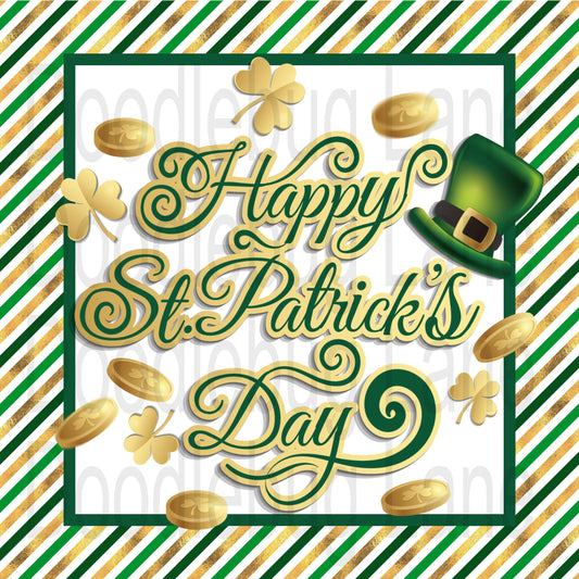 St. Patricks Day Wreath Sign-Happy St. Patricks Day-Gold Coins-Shamrocks-Diagonal Stripe-Square Sign-Metal Wreath Sign