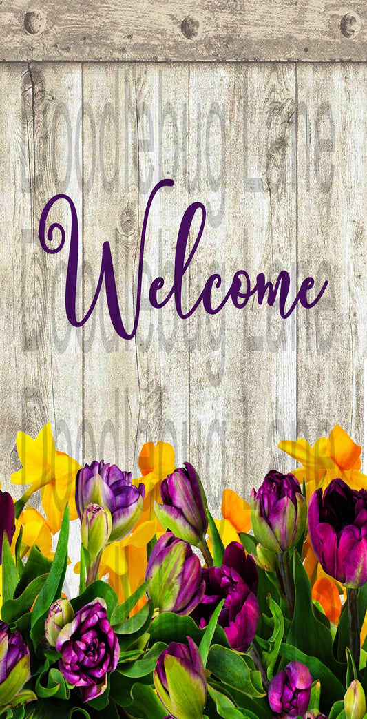 Spring Wreath Sign - Welcome sign - Daffodils and Tulips - Spring Flowers - Floral Welcome Sign - Metal Wreath Sign