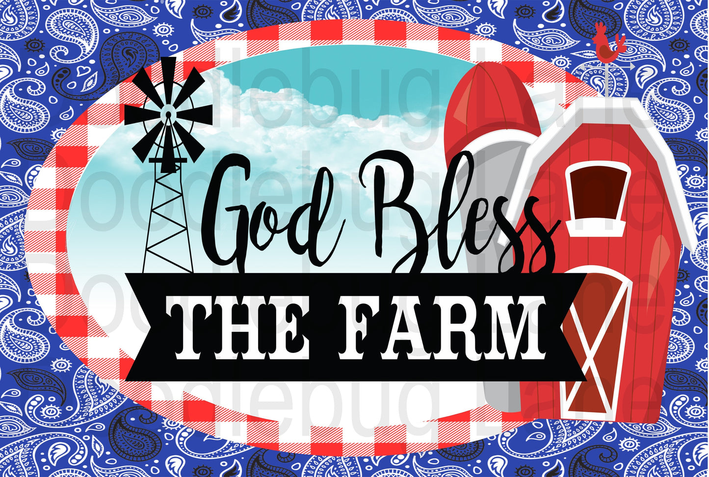 Metal Wreath Sign-God Bless This Farm-Farmhouse Wreath Decor-Farm Scenery-Windmill-Red White And Blue-Rectangle Sign