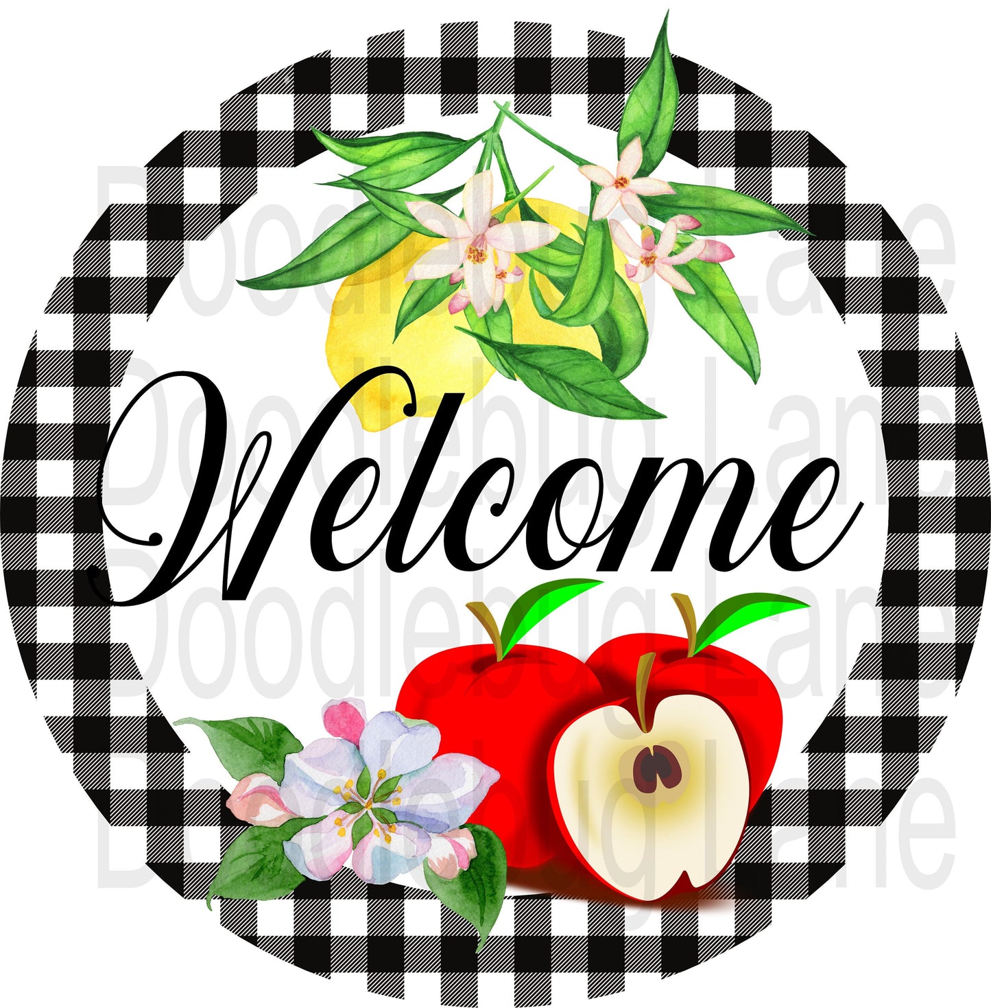 Welcome Wreath Sign-Lemon Sign-Apple Sign-Summer Wreath Sign-Buffalo Plaid-Metal Wreath Sign-Round Sign