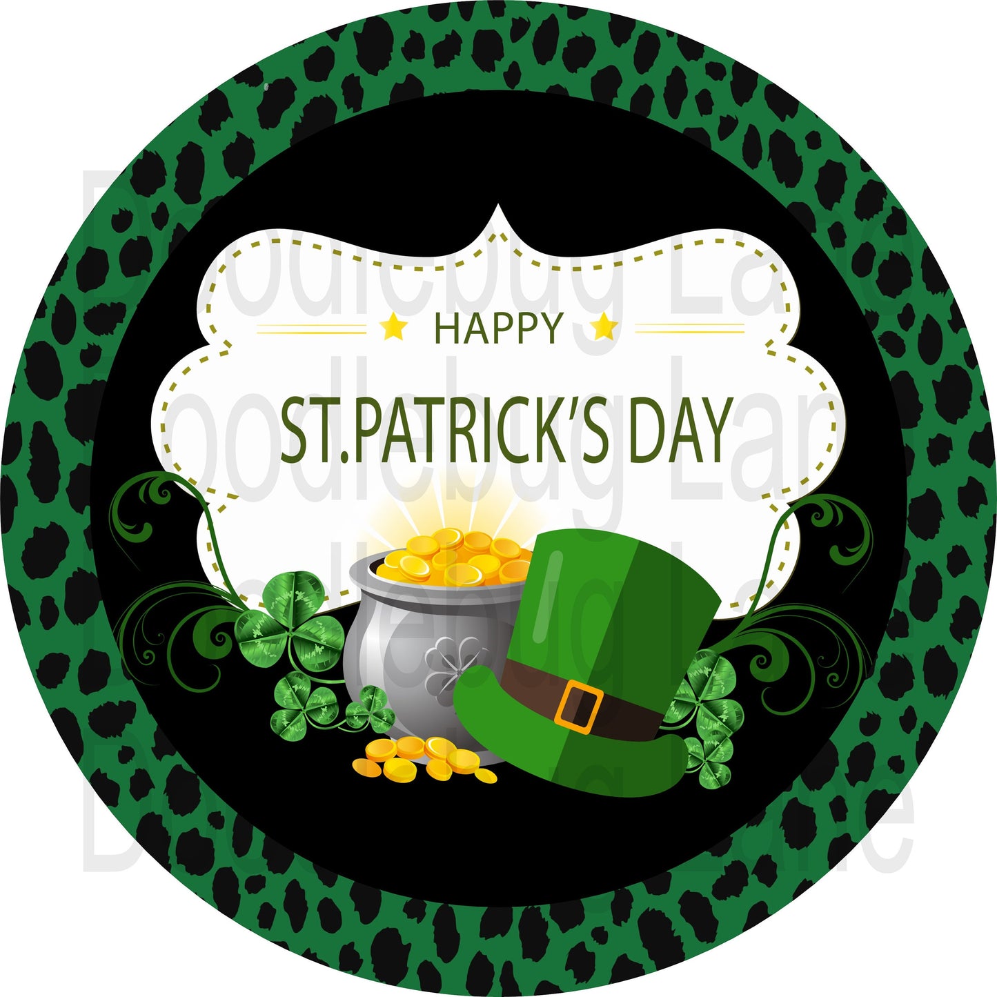 St Patricks Day Sign-Happy St Patricks Day-Leopard Print-Pot Of Gold-Shamrocks-Round Sign-Metal Wreath Sign