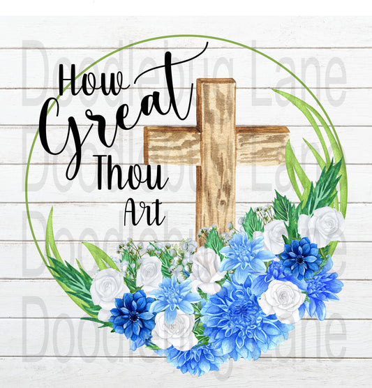 Easter Wreath Sign-Wooden Cross-How Great Thou Art-Blue And White Flowers-Metal Wreath Sign-Square Sign