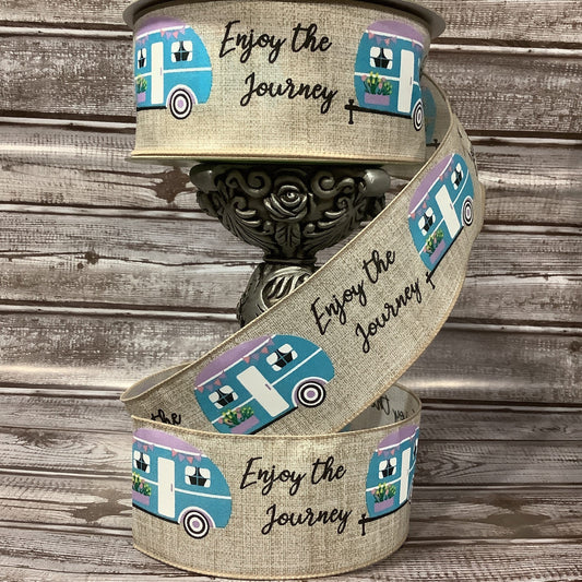 2.5" x 5 yards Summer Ribbon-Blue Camper-Vintage Camper Ribbon-Enjoy The Ride-Ribbon By Yard-Wired Ribbon