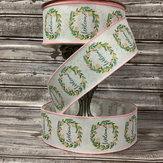 2.5" x 5 Yards Spring Ribbon-Welcome Ribbon-Floral Wreath-Peach And Green- Ribbon By Yard-Wired Ribbon