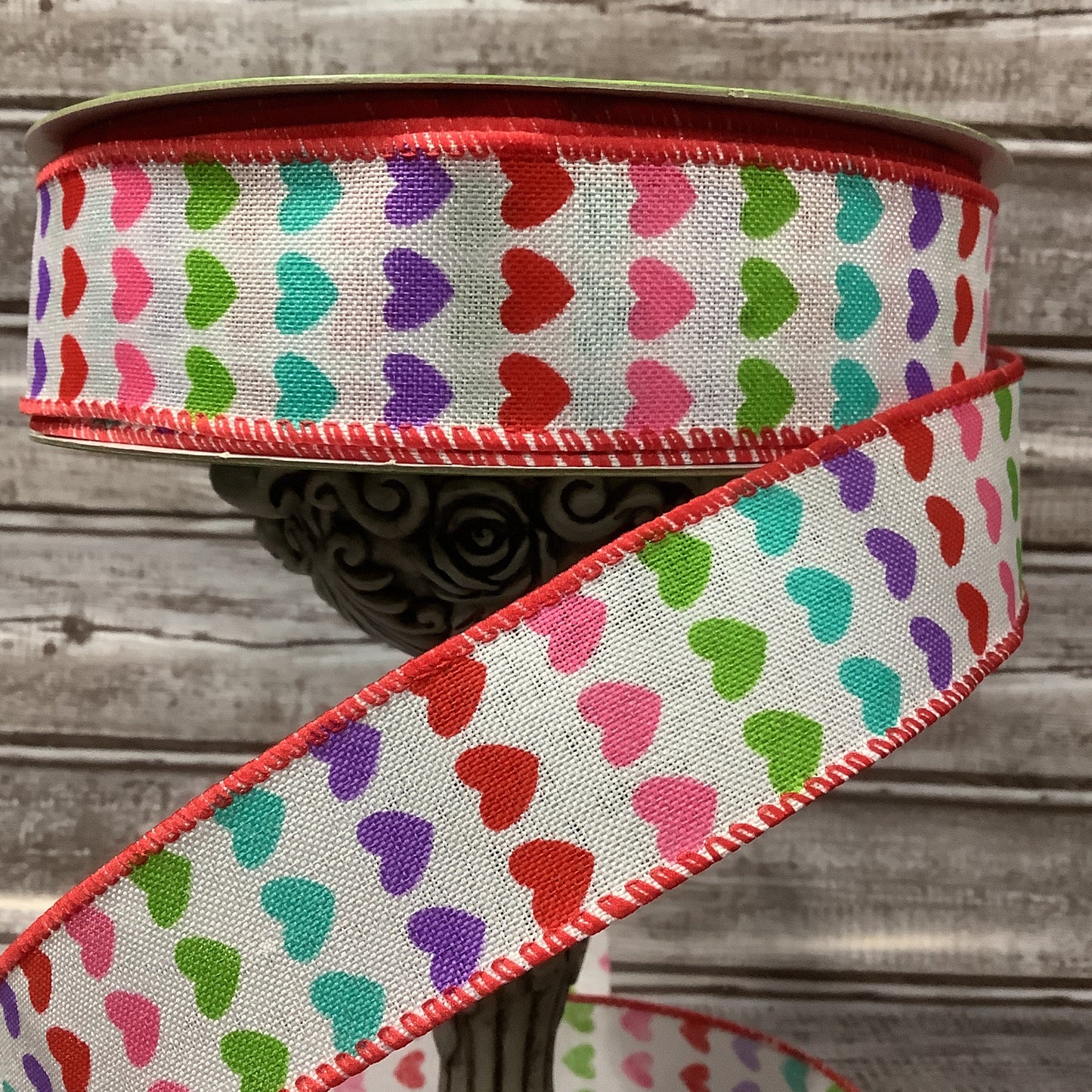 1.5" x 5 yard Wired Ribbon - Ribbon With Hearts - Valentines Ribbon - Rainbow Hearts