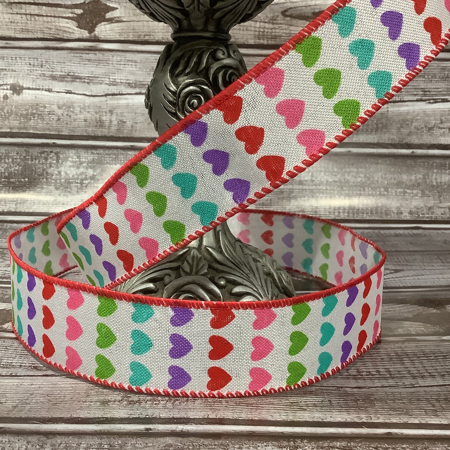 1.5" x 5 yard Wired Ribbon - Ribbon With Hearts - Valentines Ribbon - Rainbow Hearts