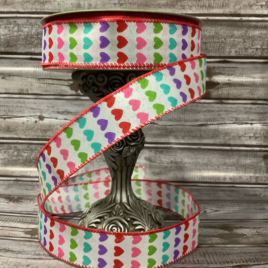 1.5" x 5 yard Wired Ribbon - Ribbon With Hearts - Valentines Ribbon - Rainbow Hearts