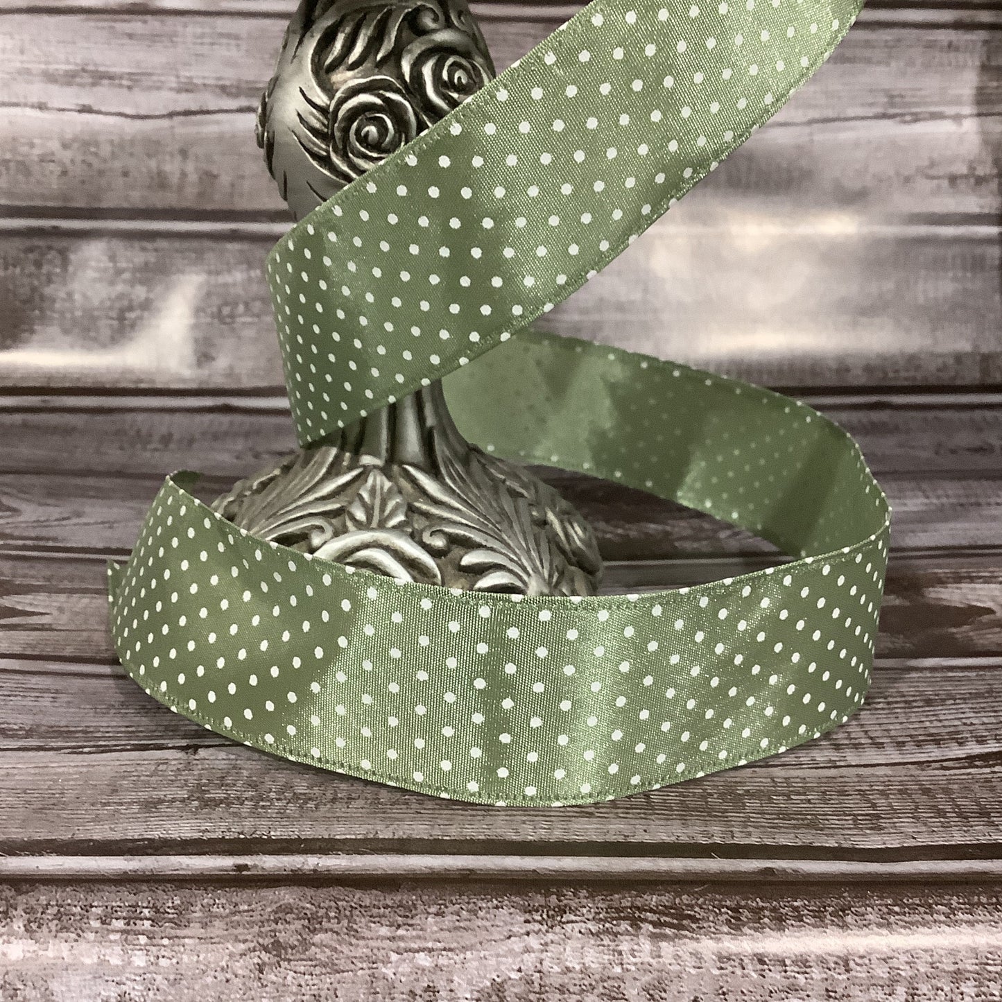 1.5" x 5 yards Olive Green Ribbon With White Polka Dots-All Occasion Ribbon-Wired Ribbon-Fall Ribbon-Ribbon By The Yard