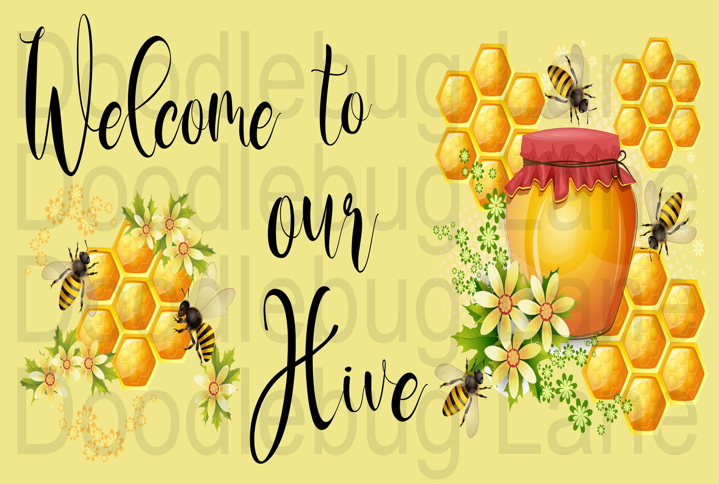 Welcome to our Hive-Bee Sign-Bee Wreath-Honeycomb-Bees and Daisies-Honey Pot-Rectangle Sign-Metal Wreath Sign