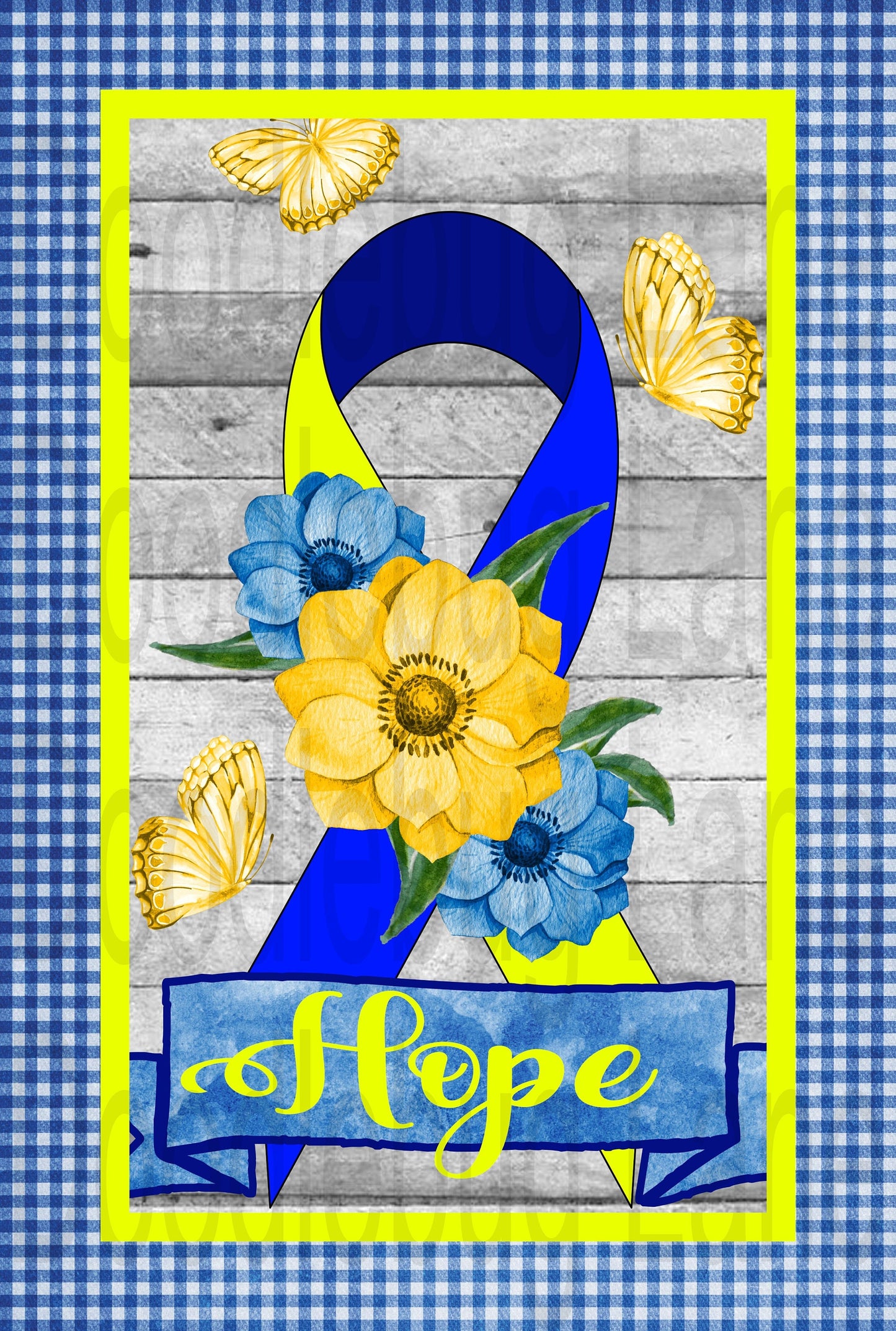 Down Syndrome Awareness Sign-Hope Ribbon-Blue And Yellow-Yellow Butterflies-Blue Check-Rectangle Sign-Metal Wreath Sign