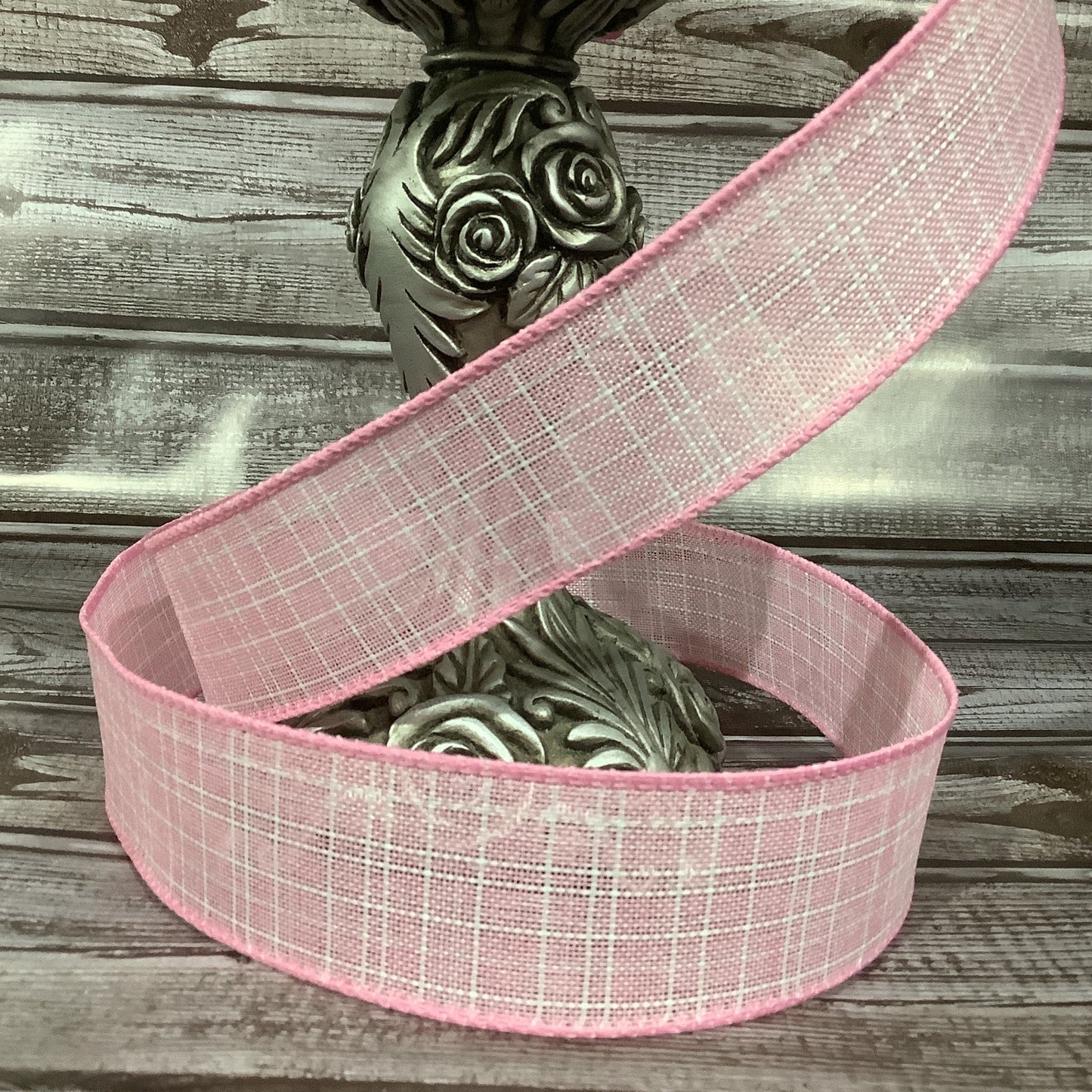 1.5" x 5 yards Pink Ribbon With White Check-Wired Ribbon-Pastel Pink-Spring Ribbon-All Occasion Ribbon