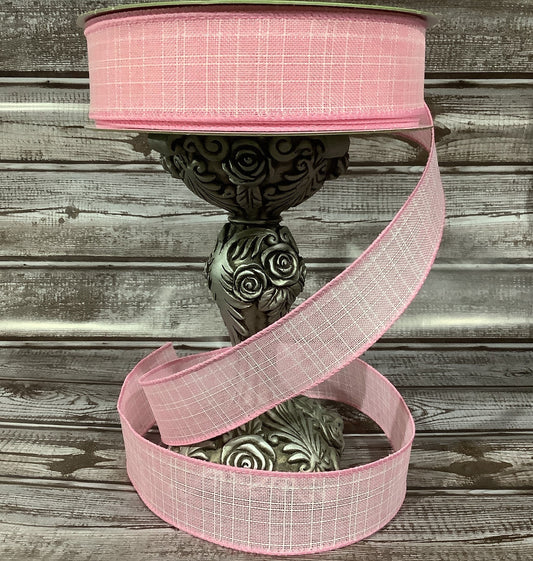 1.5" x 5 yards Pink Ribbon With White Check-Wired Ribbon-Pastel Pink-Spring Ribbon-All Occasion Ribbon