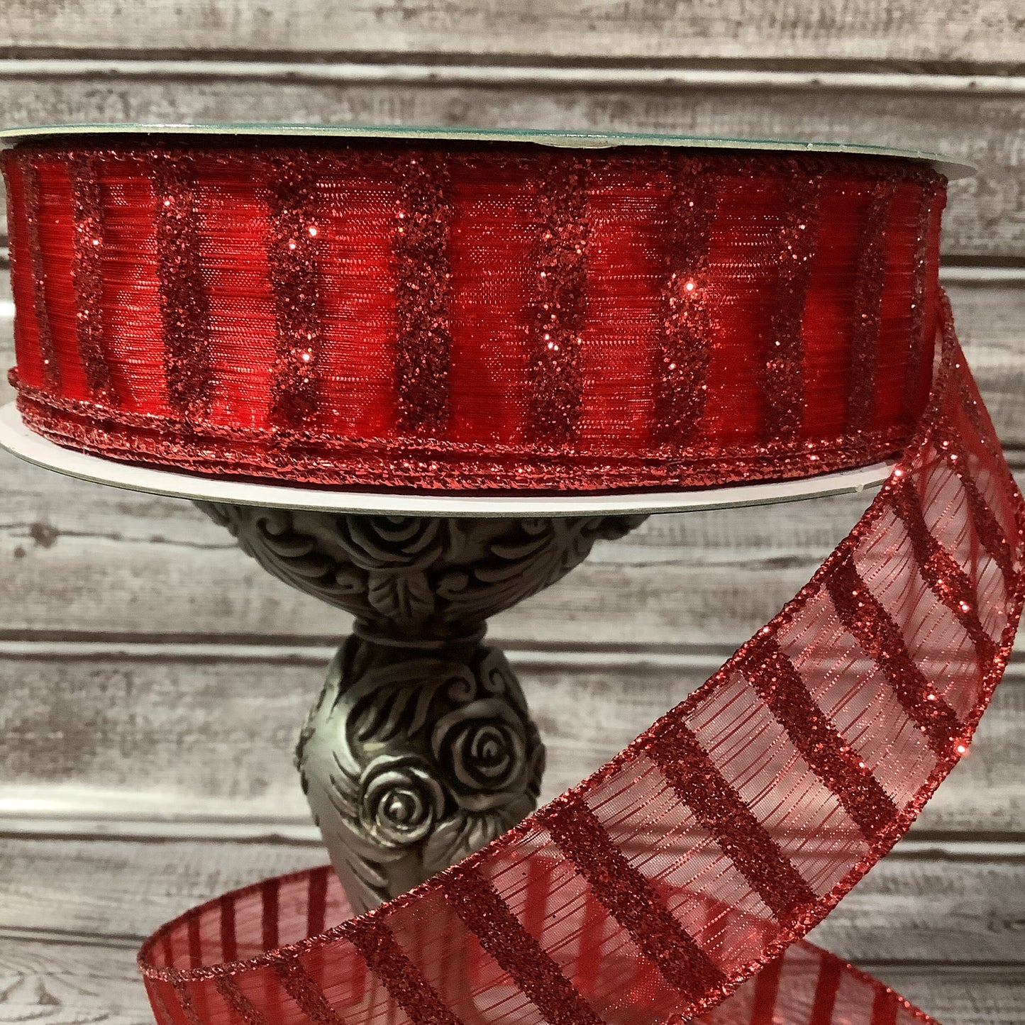 1.5" x 5 yards Red Sheer Ribbon With Red Glitter Vertical Stripes - Wired Ribbon- Valentine Ribbon-Christmas Ribbon