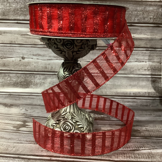 1.5" x 5 yards Red Sheer Ribbon With Red Glitter Vertical Stripes - Wired Ribbon- Valentine Ribbon-Christmas Ribbon