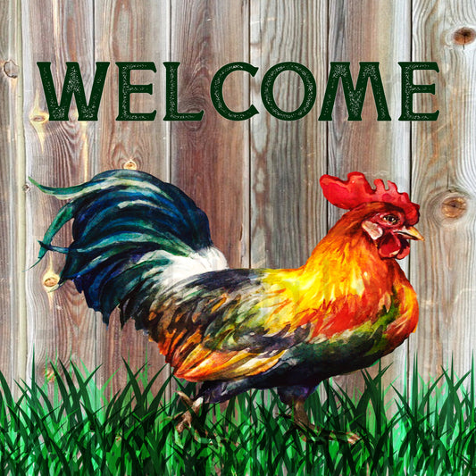 Welcome Rooster - Metal Wreath Sign - Rooster Sign - Farmhouse Wreath Sign - Square Sign - Farm Sign