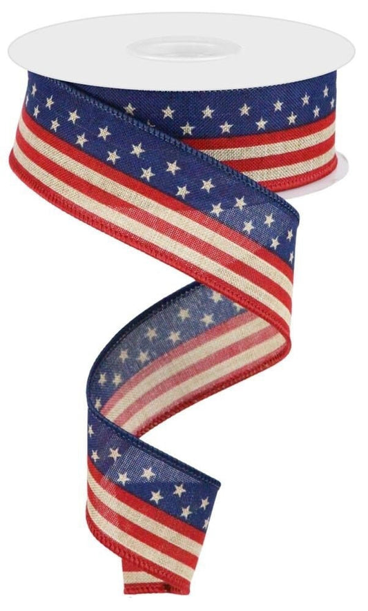 1.5" X 10 Yards Stars And Stripes On Royal-Wired Ribbon-Patriotic Ribbon-Memoriald Day Ribbon-Veterans Day Ribbon