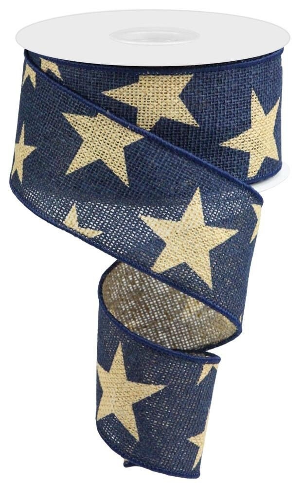 2.5" X 10 Yards Large Stars On Faux Burlap-Wired Ribbon-Patriotic Ribbon-Independence Day Ribbon-Veterans Day Ribbon