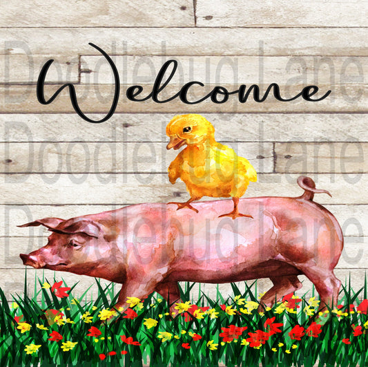 Welcome - Duck and Pig- Metal Wreath Sign - Farmhouse Sign - Farm Animals - Square Sign