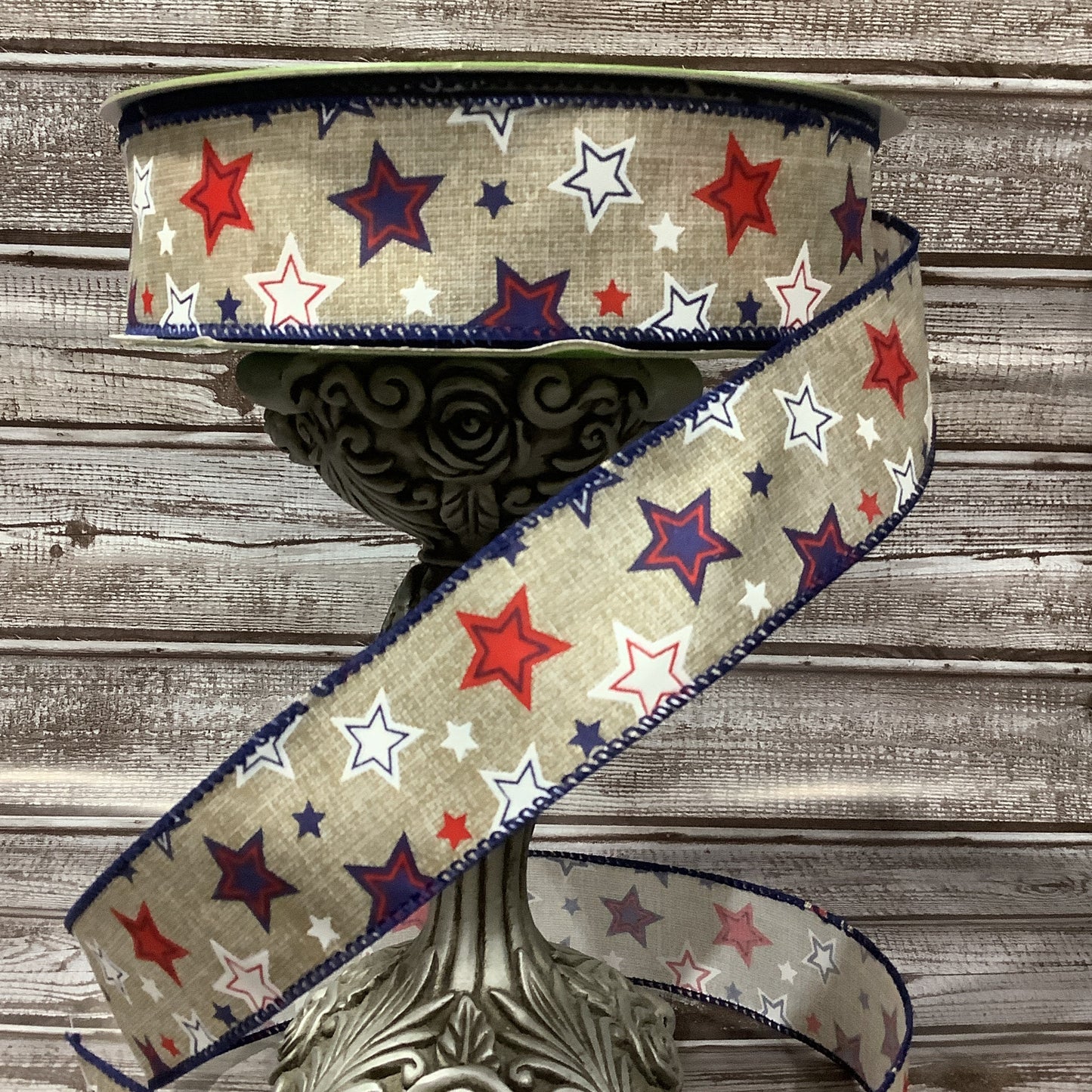 1.5" x 5 yards Patriotic Ribbon - Red White And Blue Stars - Wired Edge Ribbon - Veterans Day - 4th Of July