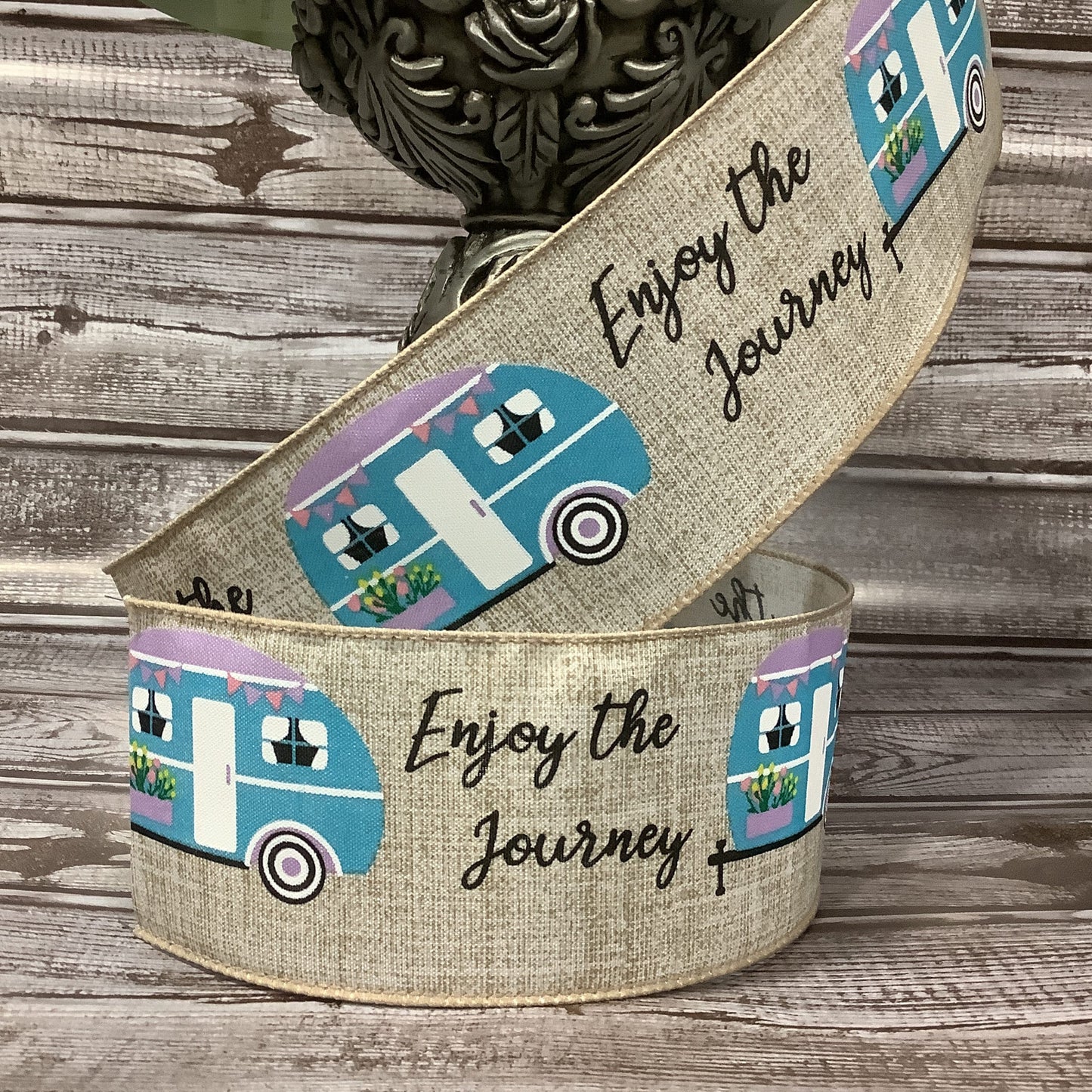 2.5" x 5 yards Summer Ribbon-Blue Camper-Vintage Camper Ribbon-Enjoy The Ride-Ribbon By Yard-Wired Ribbon