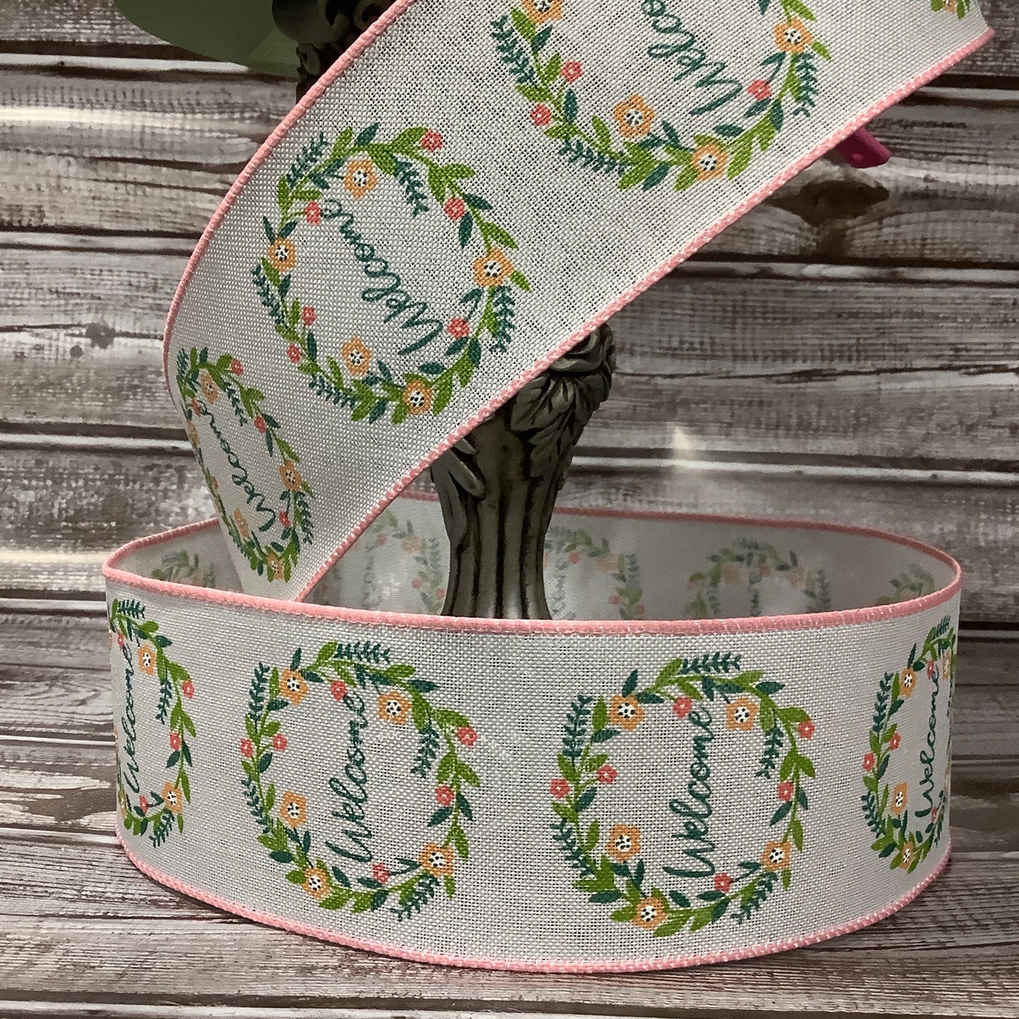 2.5" x 5 Yards Spring Ribbon-Welcome Ribbon-Floral Wreath-Peach And Green- Ribbon By Yard-Wired Ribbon