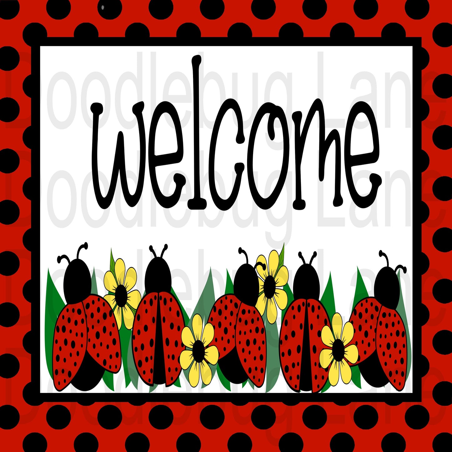 Ladybug Wreath Sign-Welcome Sign-Spring Wreath Sign-Black And Red-Ladybug With Yellow Daisies-Metal Wreath Sign