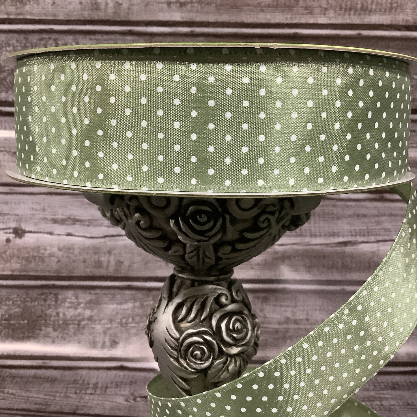 1.5" x 5 yards Olive Green Ribbon With White Polka Dots-All Occasion Ribbon-Wired Ribbon-Fall Ribbon-Ribbon By The Yard