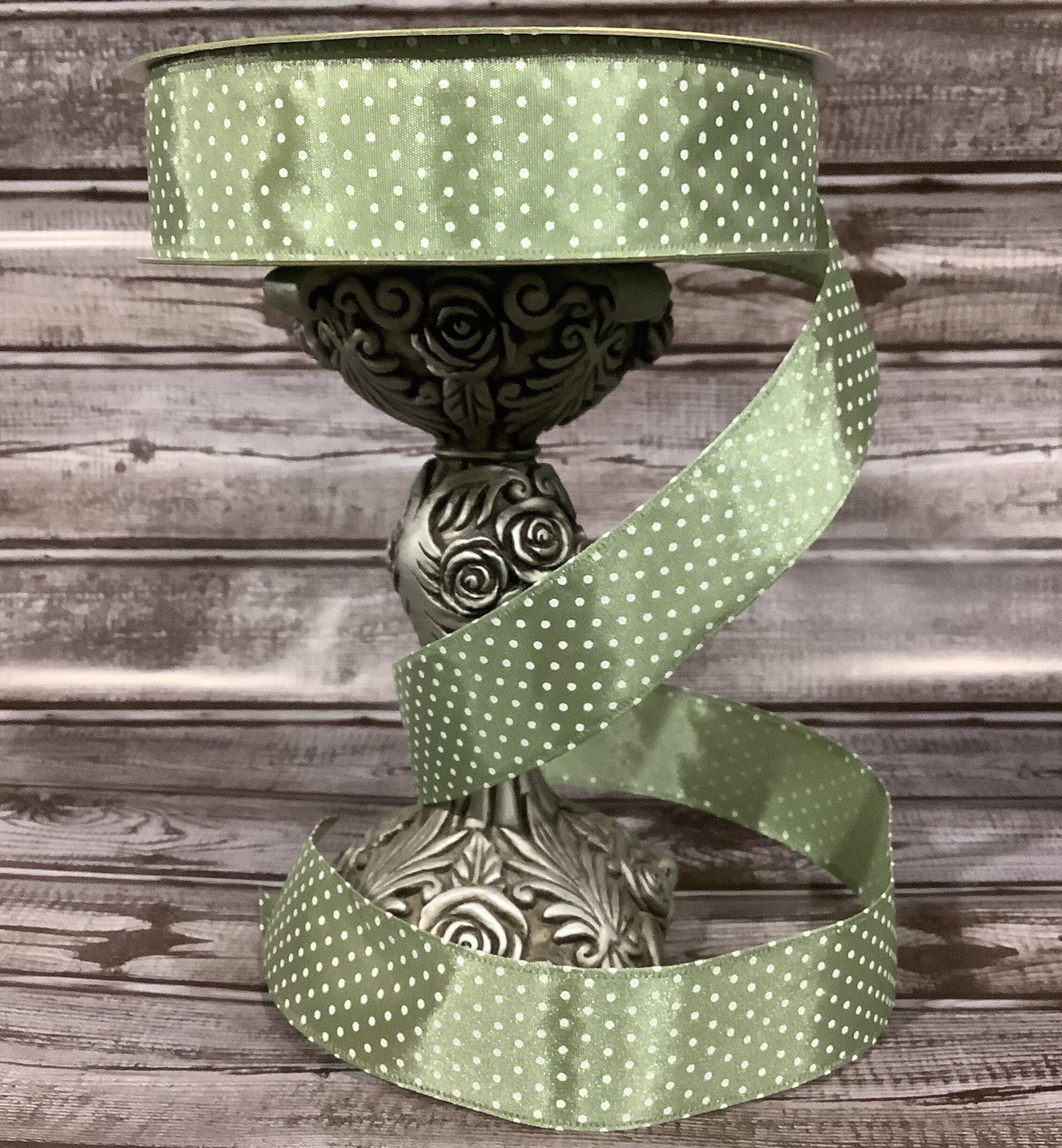 1.5" x 5 yards Olive Green Ribbon With White Polka Dots-All Occasion Ribbon-Wired Ribbon-Fall Ribbon-Ribbon By The Yard