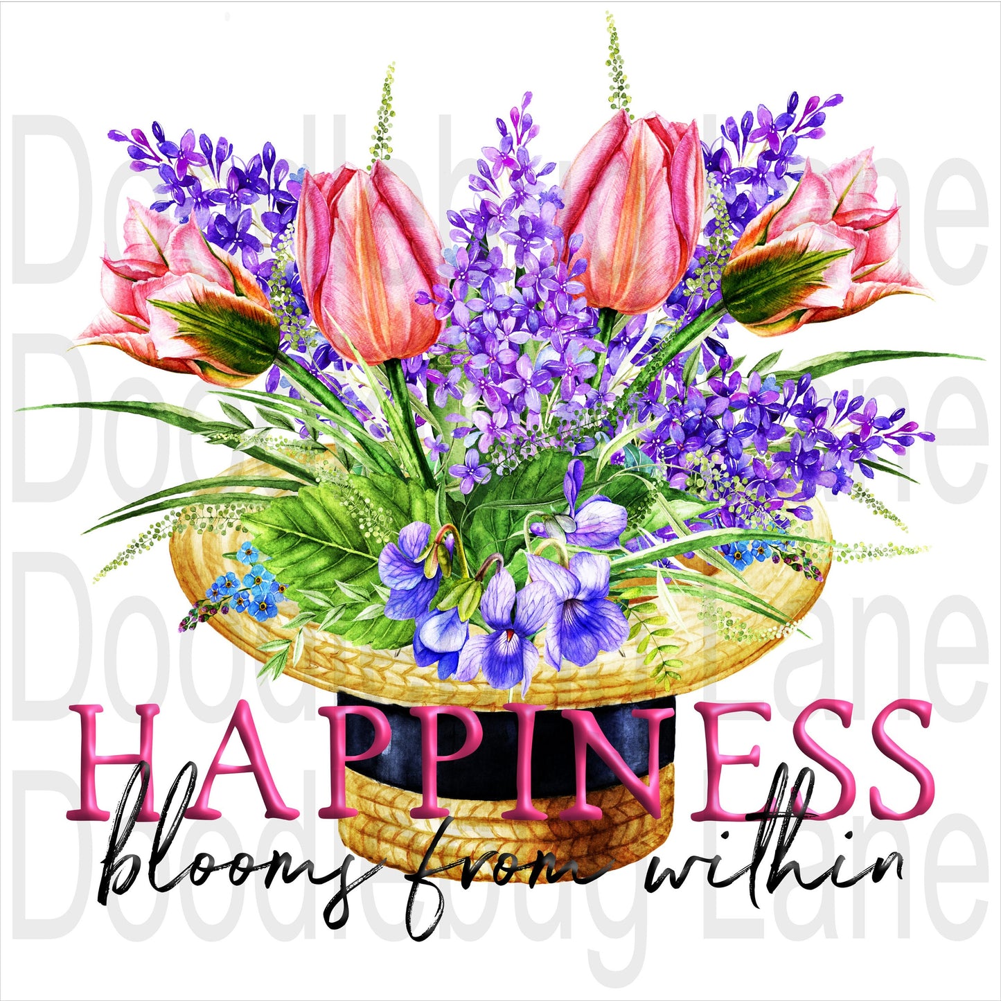 Happiness Blooms From Within- Spring Sign-Tulips And Lilac-Pink And Purple-Square Signs-Metal Wreath Sign