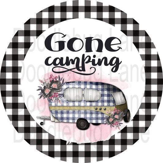 Gone Camping-Summer Sign-Camping Wreath Sign-Buffalo Plaid-Round Sign-Metal Wreath Sign