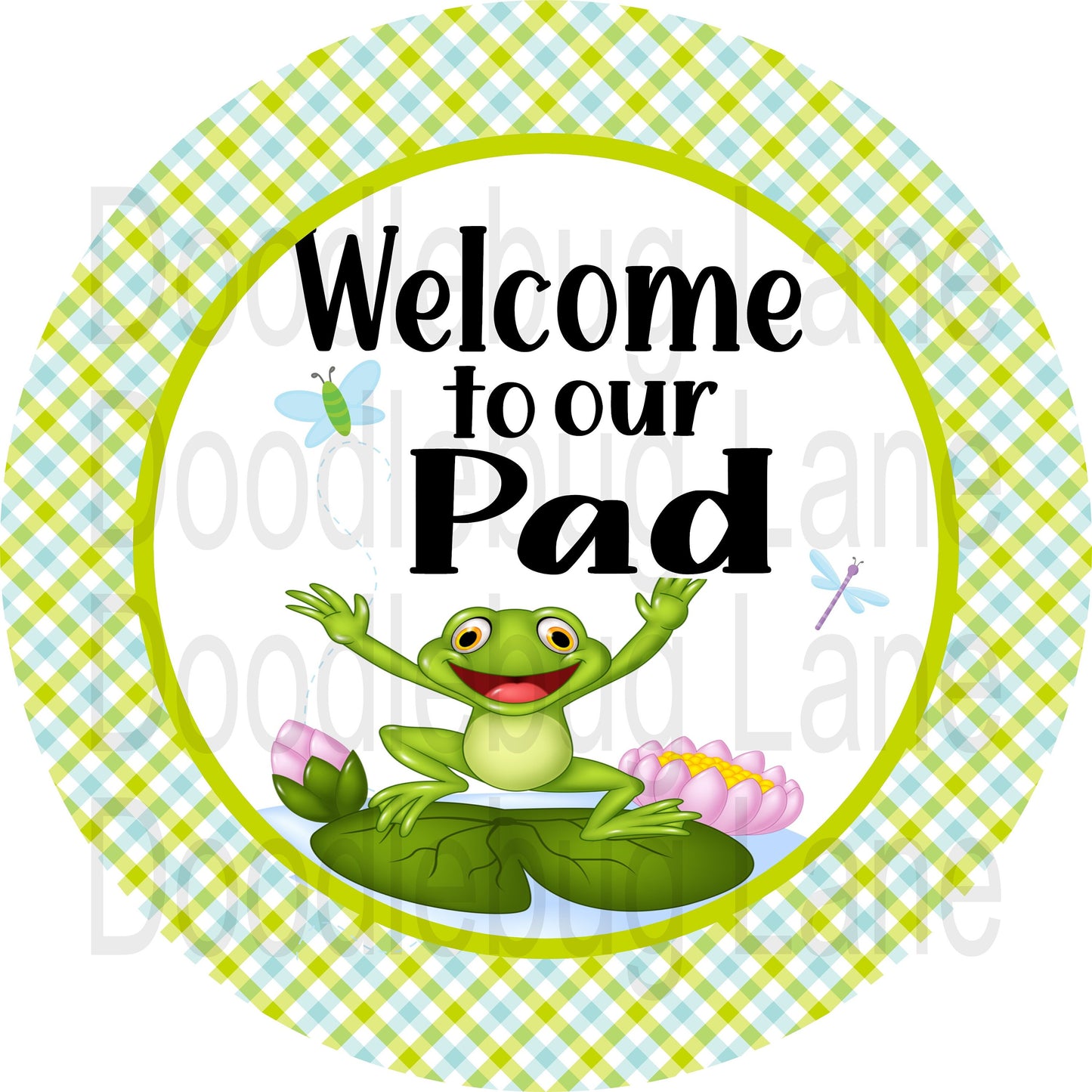 Welcome To Our Pad-Spring Wreath Sign-Frog Sign-Metal Wreath Sign-Round Sign-Green And Blue Plaid