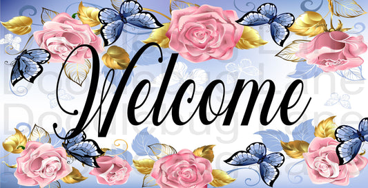 Welcome Wreath Sign- Blue Butterflies And Pink Roses-Butterfly Wreath Sign-Rectangle Sign-Metal Wreath Sign