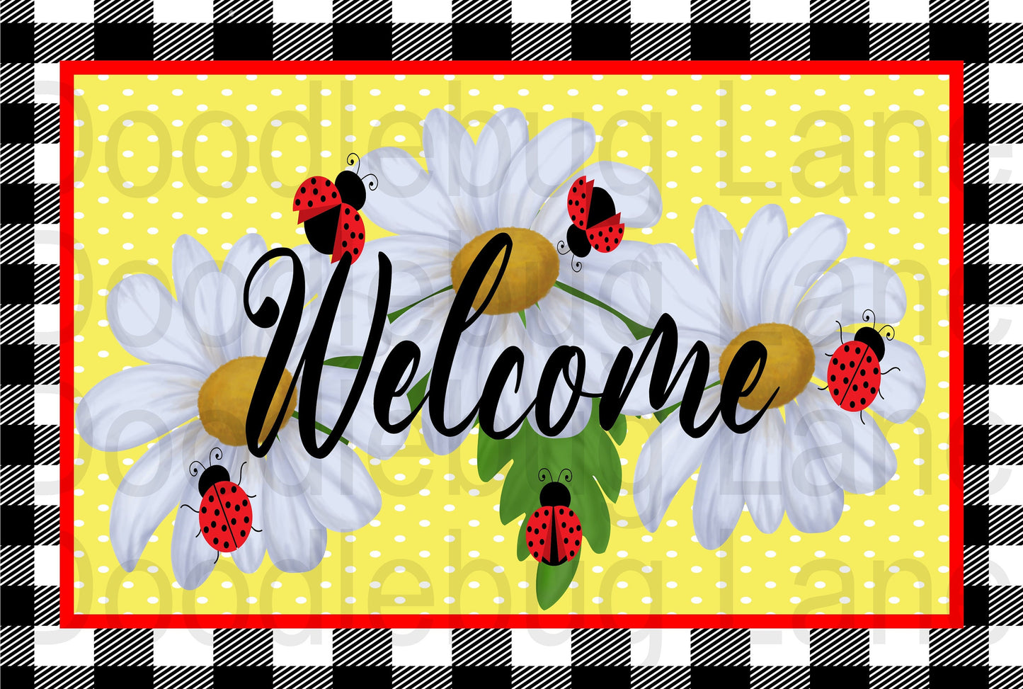 Ladybug Sign-Welcome Wreath Sign-Black And White Plaid-White Daisies-Metal Wreath Sign