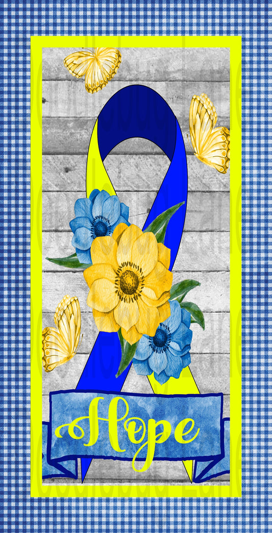 Down Syndrome Awareness Sign-Hope Ribbon-Blue And Yellow-Yellow Butterflies-Blue Check-Rectangle Sign-Metal Wreath Sign