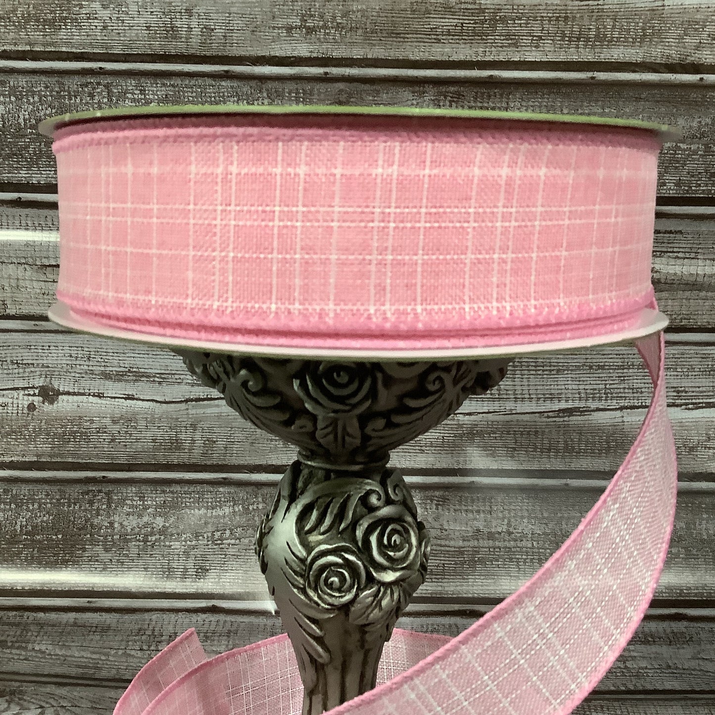 1.5" x 5 yards Pink Ribbon With White Check-Wired Ribbon-Pastel Pink-Spring Ribbon-All Occasion Ribbon