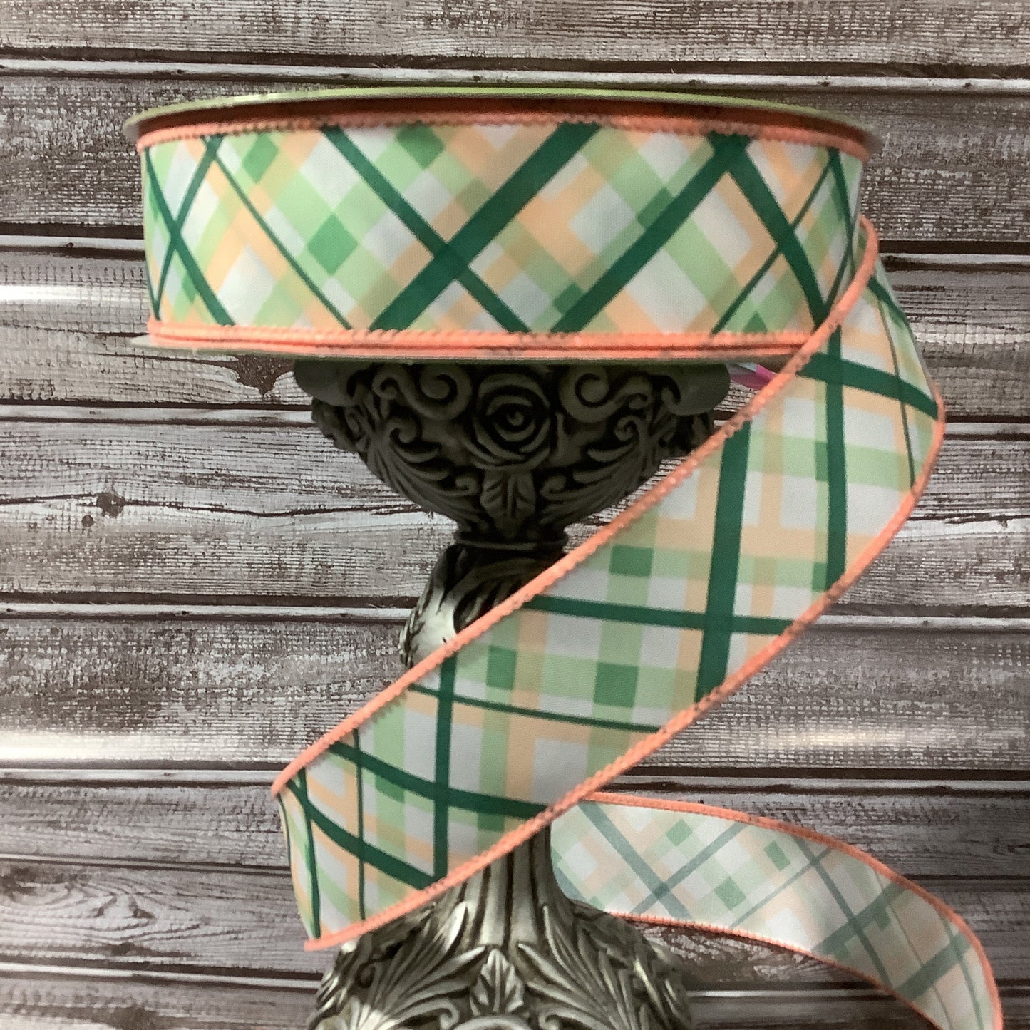 1.5" x 5 yards Diagonal Striped Ribbon - Peach And Green - All Occasion Ribbon - Wired Ribbon