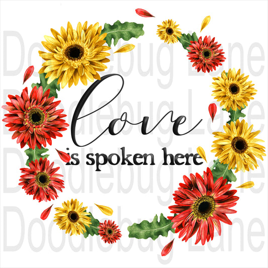 Floral Wreath Sign - Love Is Spoken Here - Metal Wreath Sign - Burnt Orange And Yellow Daisies - Square Sign