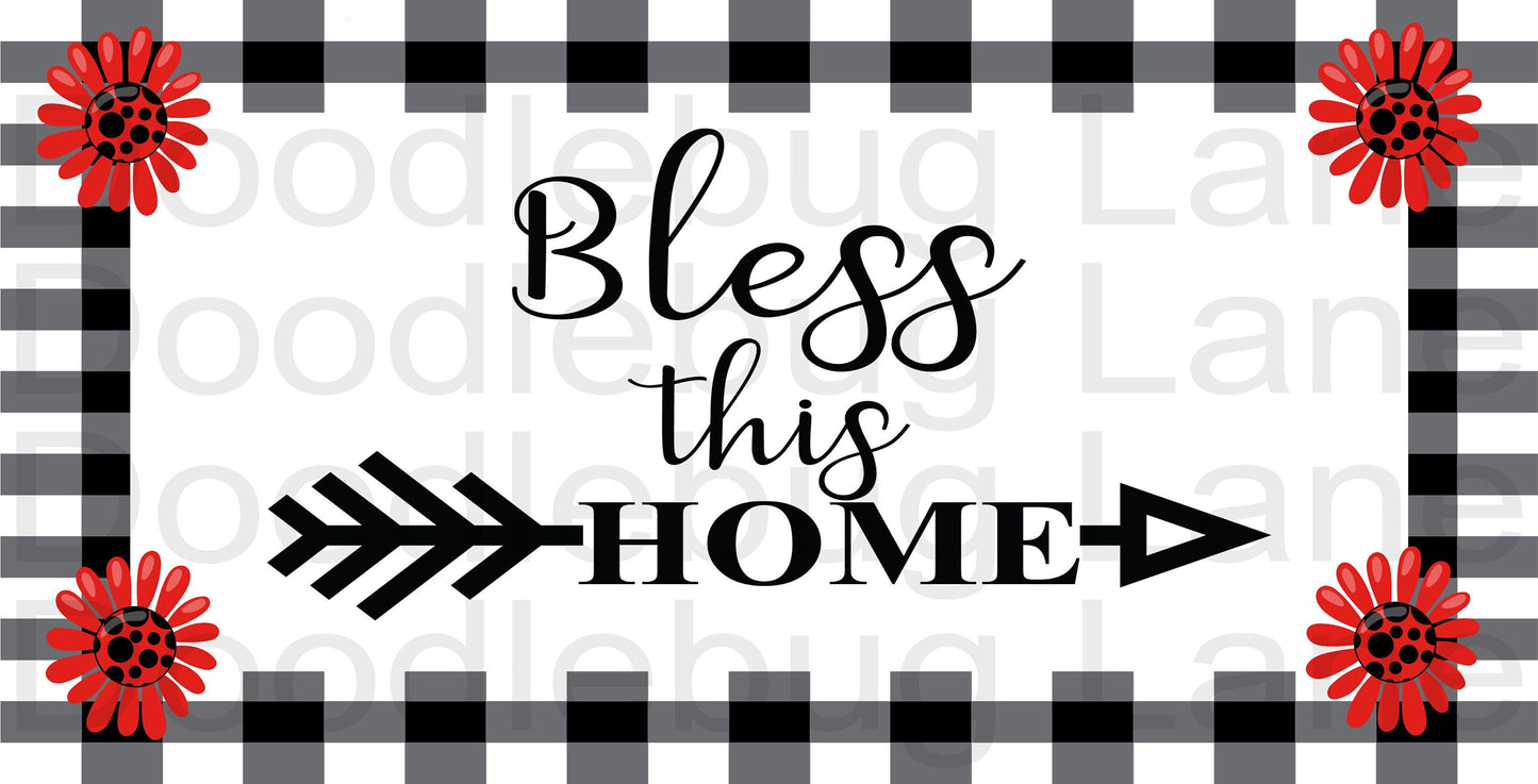 Bless This Home-Red Daisies-Black Buffalo Plaid-Farmhouse Sign-Rectangle Sign-Metal Wreath Sign