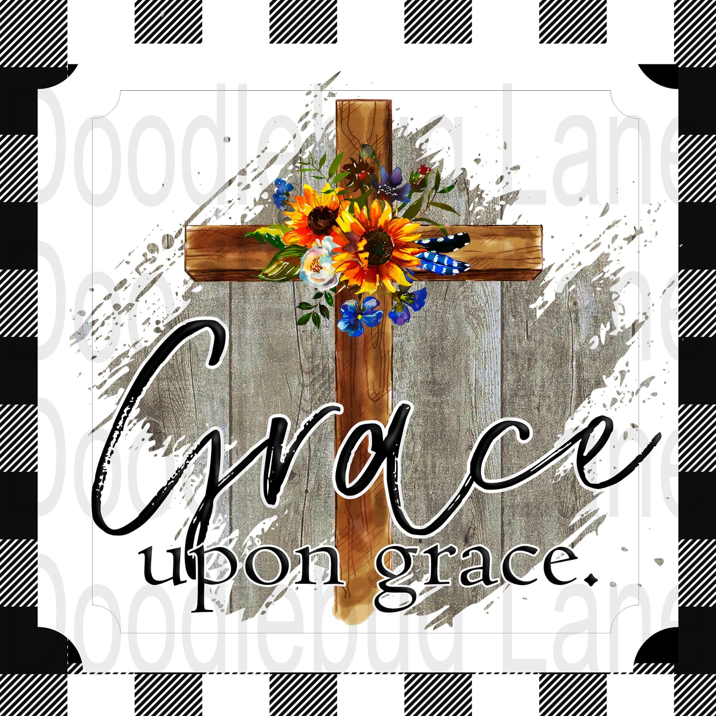 Inspirational Wreath Sign-Grace Upon Grace-Wooden Cross-Buffalo Plaid-Black And White-Metal Wreath Sign-Square Sign