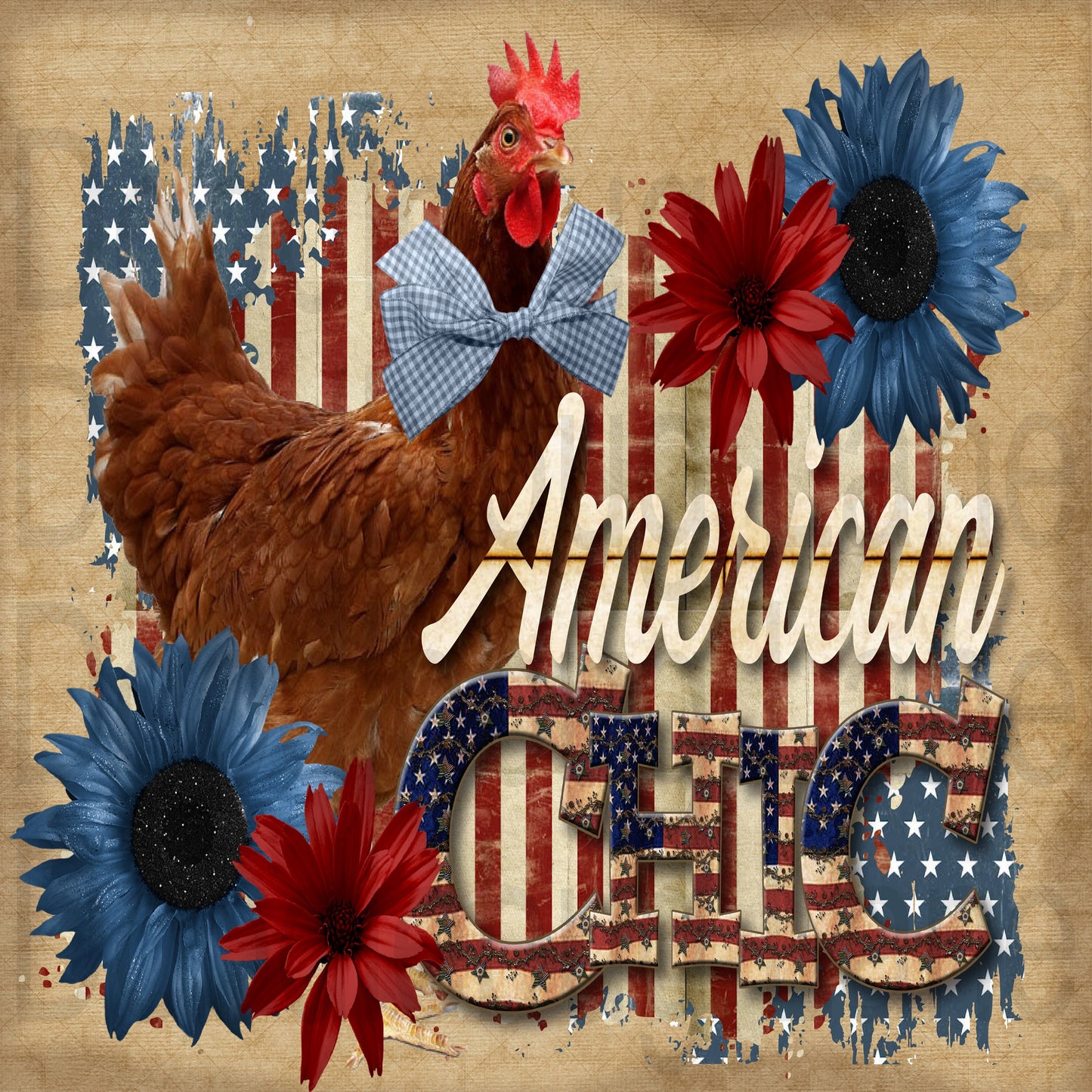 American Chic  Wreath Sign-Farmhouse Sign-Primitive Sign-Chicken Sign-Americana-Patriotic-Metal Wreath Sign