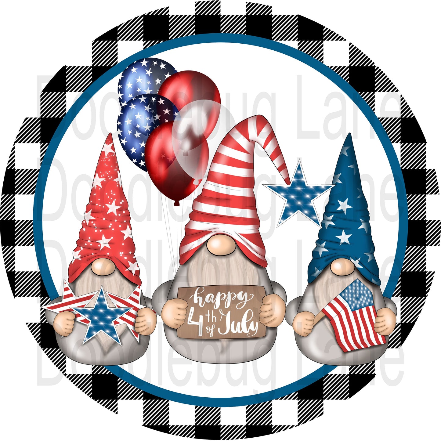 Patriotic Gnome Sign-Happy 4th Of July-Independence Day-Red White And Blue-Buffalo Plaid-Round Sign-Metal Wreath Sign