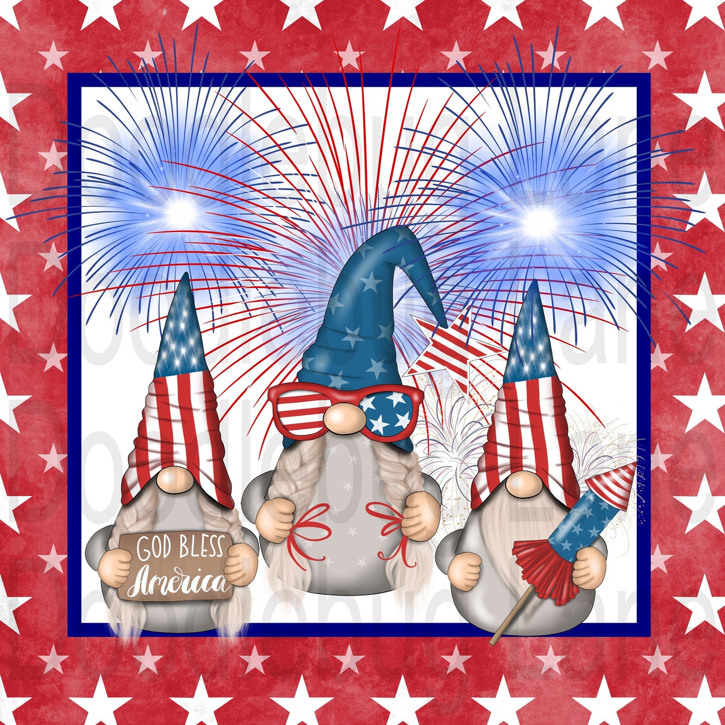 Patriotic Wreath Sign-God Bless America-Patriotic Gnome-Independence Day-Fireworks-Stars And Stripes-Metal Wreath Sign