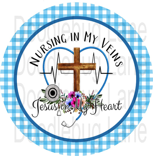 Nurse Wreath Sign-Wooden Cross-Jesus In Heart-Stethoscope-Metal Wreath Sign-Round Sign-Blue And White Gingham