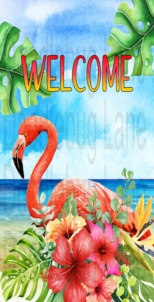 Welcome Wreath Sign-Flamingo Sign-Tropical Island-Hibiscus Flower-Rectangle Sign-Metal Wreath Sign